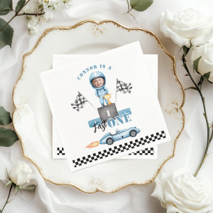 Fast One Blue race car 1st Photo Birthday Napkin