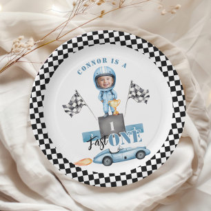 Fast One Blue race car 1st Photo Birthday Paper Plate