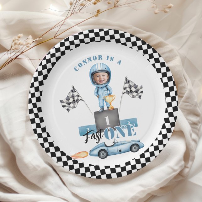 Fast One Blue race car 1st Photo Birthday Paper Plate (Creator Uploaded)