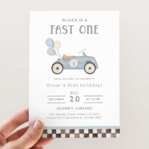 Fast One Blue Race Car & Balloons 1st Birthday Invitation