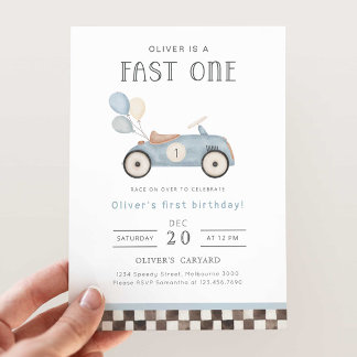 Fast One Blue Race Car & Balloons 1st Birthday Invitation