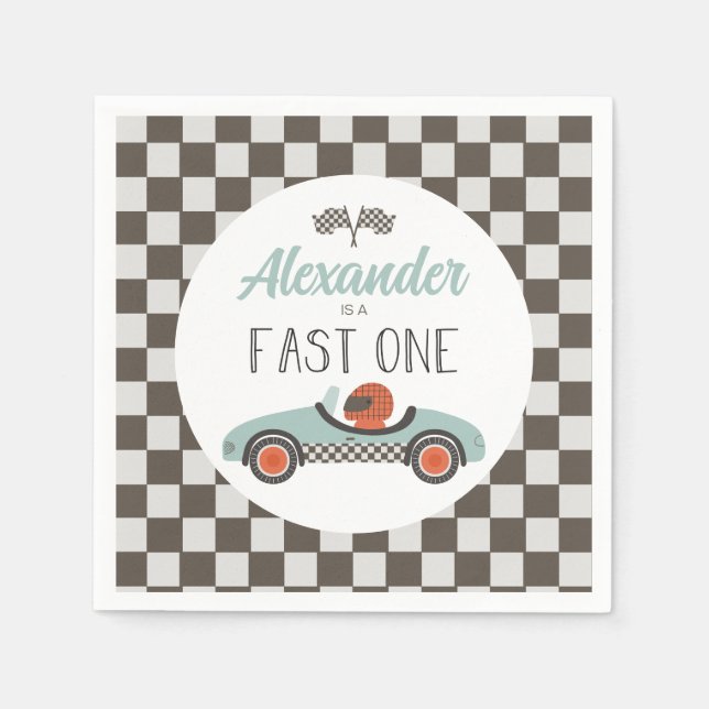 Fast One blue Race Car Birthday Napkin (Front)