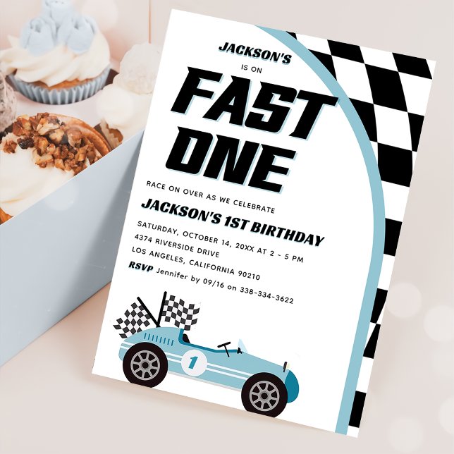 Fast One Blue Race Car Birthday Party Invitation (Creator Uploaded)