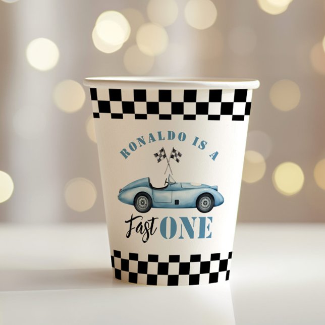 Fast One Blue race car Boy 1st Birthday Paper Cups (Creator Uploaded)