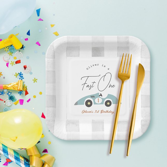 Fast One Blue Race Car Boy 1st Birthday Paper Plate (Creator Uploaded)