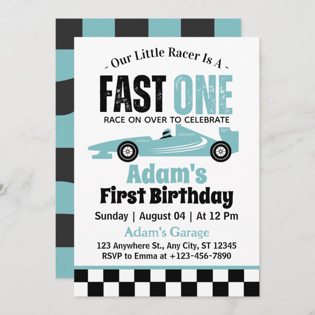 Fast One Blue Race Car Boy 1st Birthday Party  Invitation (Front/Back)