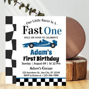 Fast One Blue Race Car Boy 1st Birthday Party  Invitation