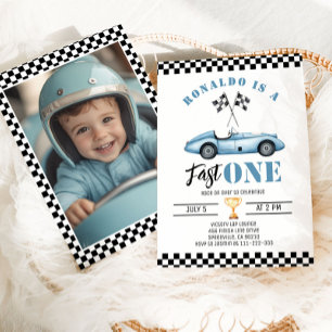 Fast One Blue race car Boy 1st Birthday Photo Invitation