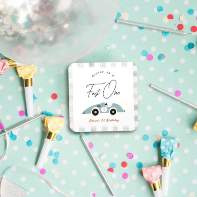 Fast One Blue Race Car Boy 1st Birthday Square Sticker (Creator Uploaded)