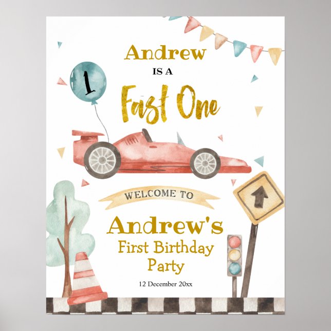 Fast One Boy First Birthday Racing Welcome Sign (Front)