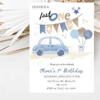Fast One Boy's 1st Birthday Party Invitation