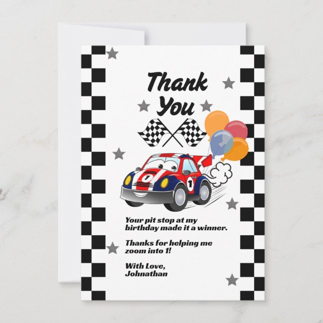 Fast One Boy's First Birthday Thank You Race Car Card (Front)