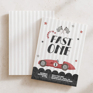 Fast One Boys Watercolor Red Racecar 1st Birthday Invitation