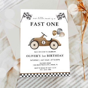 Fast One Brown Race Car Boys 1st Birthday Invitation