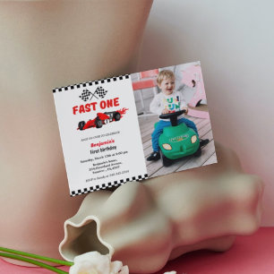 Fast one car race boy first birrthday party invitation