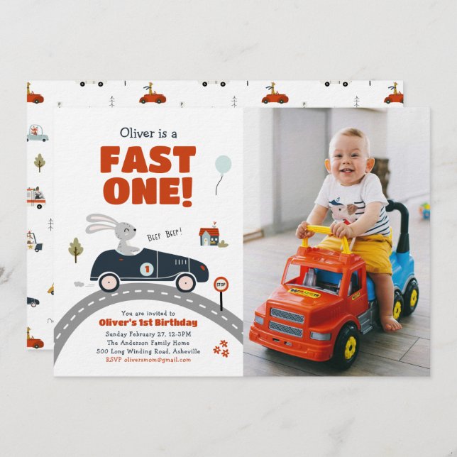 Fast One Cars 1st Birthday Invitation  (Front/Back)