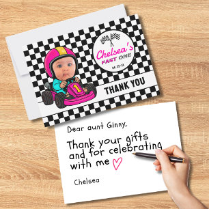 Fast ONE Custom Pink Race Car Driver  Thank You Card