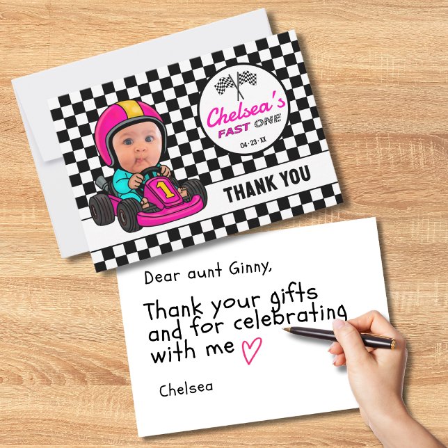 Fast ONE Custom Pink Race Car Driver  Thank You Card (Creator Uploaded)