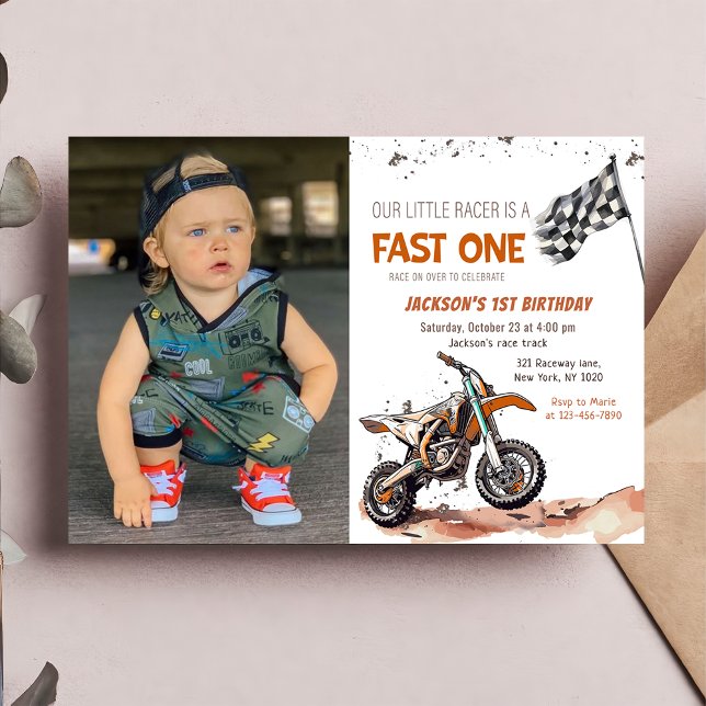 Fast One Dirt Bike Boy 1st Birthday Photo Invitation (Creator Uploaded)