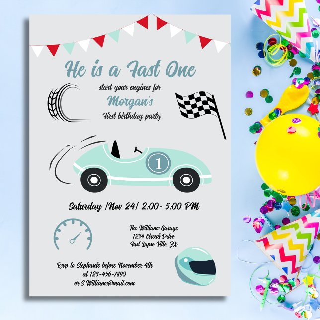 Fast One Festive Blue Race Car Birthday Invitation (Creator Uploaded)