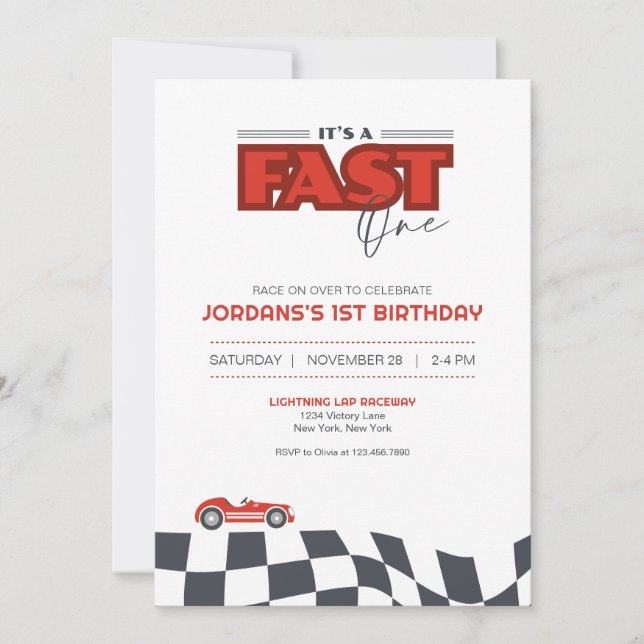 Fast One First Birthday Race Car Invitation (Front)