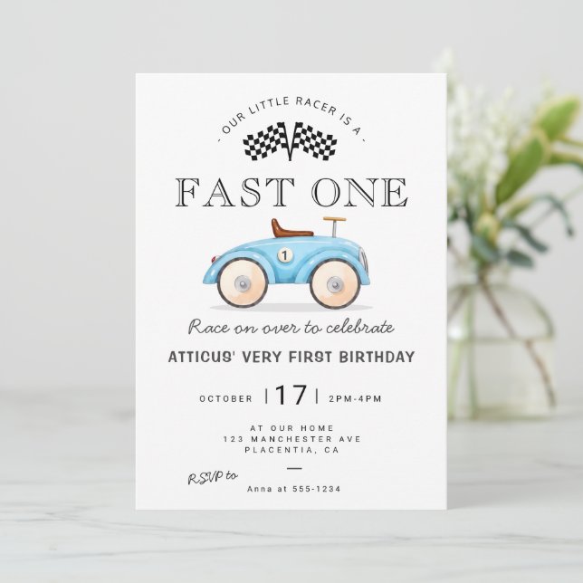 Fast ONE First Birthday Toy Vintage Race Car  Invitation (Standing Front)