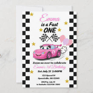 Fast One Girl's First Birthday Invitation Race Car