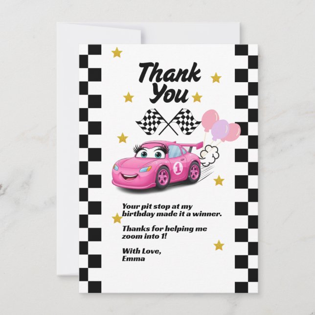 Fast One Girl's First Birthday Thank You Race Car Card (Front)