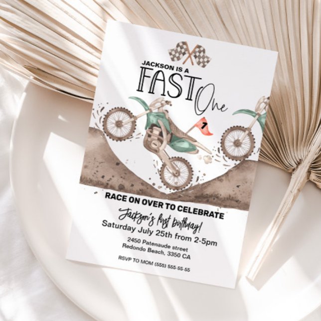 Fast ONE Green Dirt Bike 1st birthday  Invitation (Fast One green dirt bike birthday invitation, 1st birthday invitation)