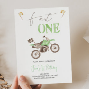 Fast ONE Lime Green Dirt Bike Birthday Invitation