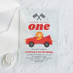 Fast One Lion Red Race Car Boy 1st Birthday Acrylic Invitations