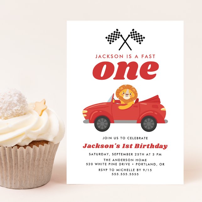 Fast One Lion Red Race Car Boy 1st Birthday Invitation (Creator Uploaded)