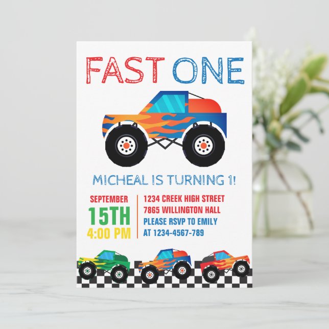 Fast One Monster Truck First Birthday  Invitation (Standing Front)