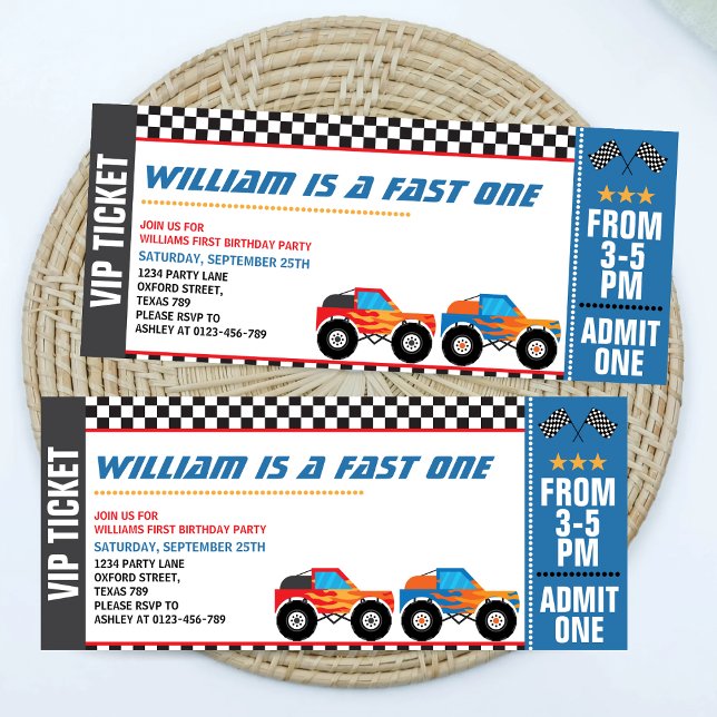 Fast One Monster Truck Race Ticket First Birthday Invitation (Creator Uploaded)