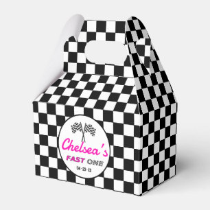 Fast ONE Pink Black White Race Car Flags Birthday Favour Box