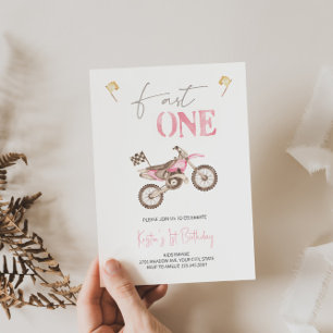 Fast ONE Pink Dirt Bike Birthday Invitation