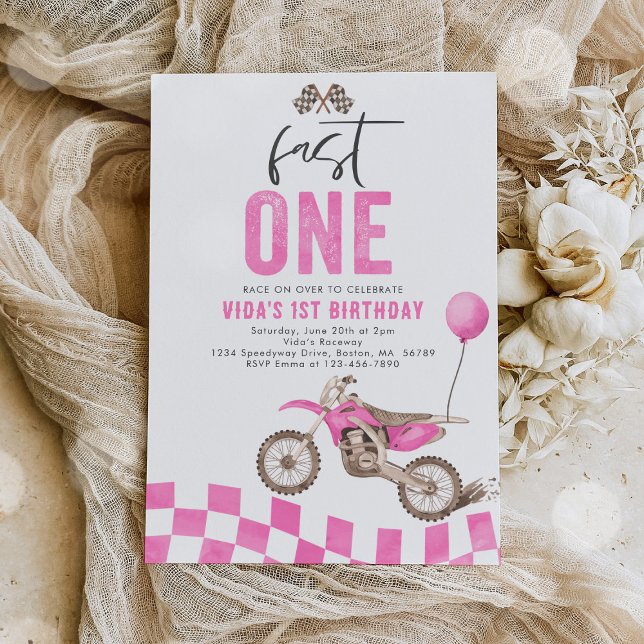 Fast One Pink Dirt Bike Girl 1st Birthday Party  Invitation (Creator Uploaded)