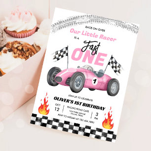 Fast One Pink Race Car 1st Birthday Racing Girl Invitation