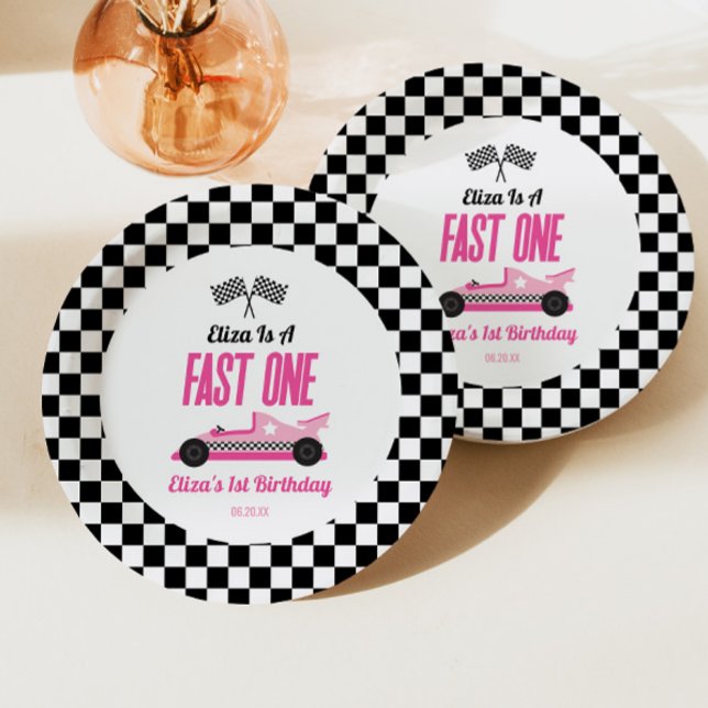 Fast One Pink Race Car First 1st Birthday Party Paper Plate (Creator Uploaded)