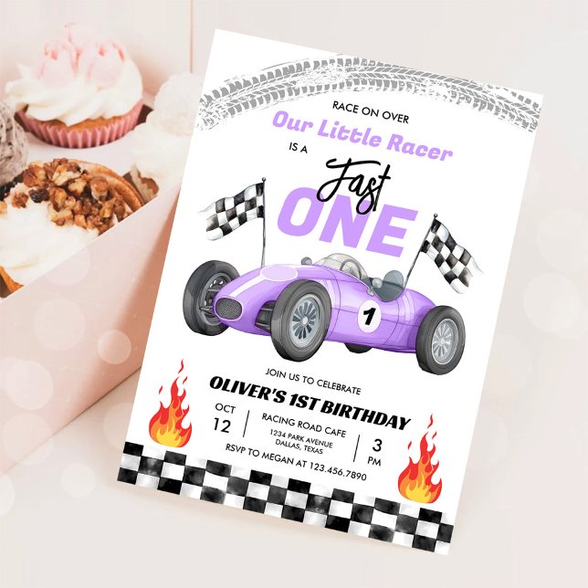 Fast One Purple Race Car 1st Birthday Racing Girl Invitation (Creator Uploaded)
