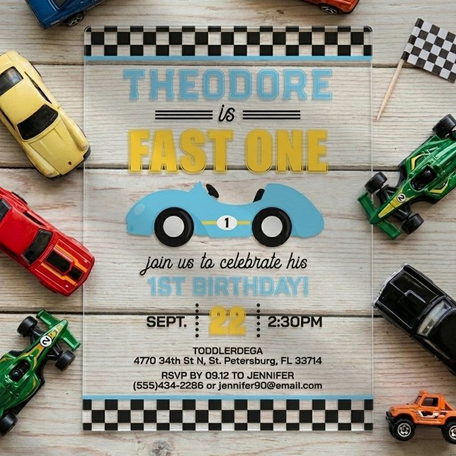 Fast One Race Car 1st Birthday Acrylic Invitations (Creator Uploaded)