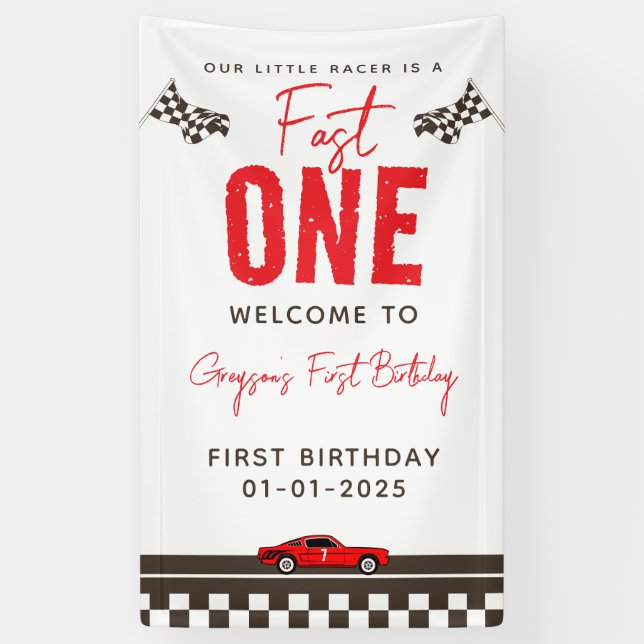  Fast One Race Car 1st Birthday Banner (Vertical)