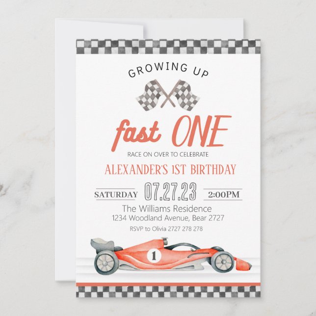 Fast One Race Car 1st Birthday Invitation Race Car (Front)