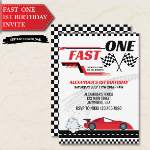 Fast One Race Car 1st Birthday Invitation   Racing