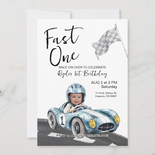 Fast One Race Car 1st Birthday Photo Invitation (Front)