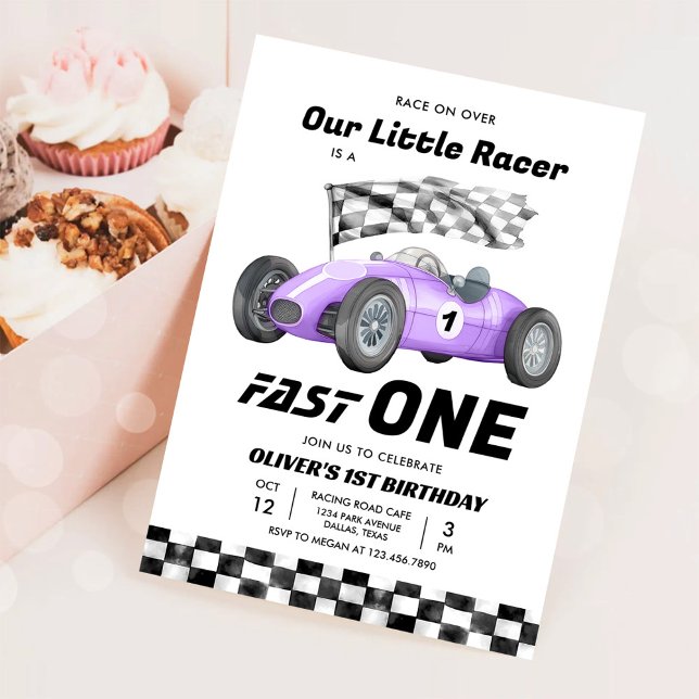 Fast One Race Car 1st Birthday Racing Girl Invitation (Creator Uploaded)