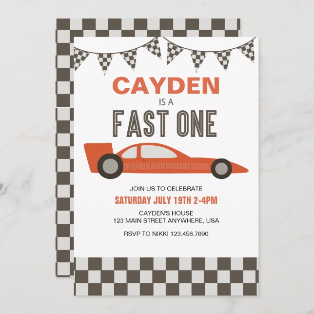 Fast One Race Car Birthday Invitation (Front/Back)