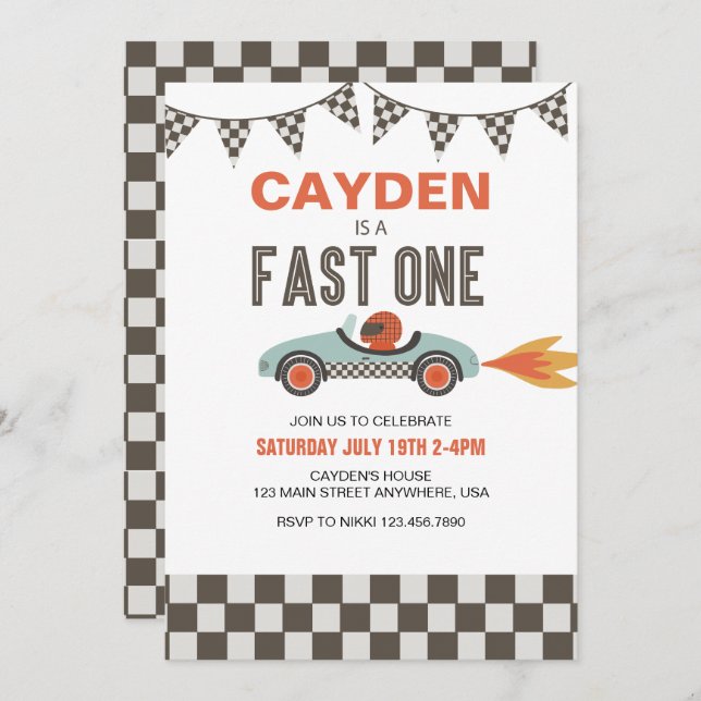 Fast One Race Car Birthday Invitation (Front/Back)