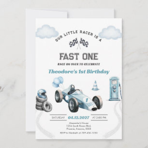 Fast One Race Car Blue First 1st Boy Birthday Invitation