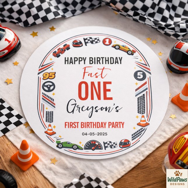 Fast One Race Car Boy 1st Birthday Party Classic Round Sticker (Fast One Race Car Boy 1st Birthday Party Classic Round Sticker
)